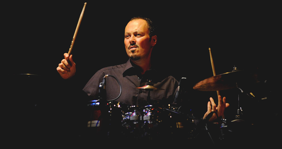 Drummer Guido May during a live performance